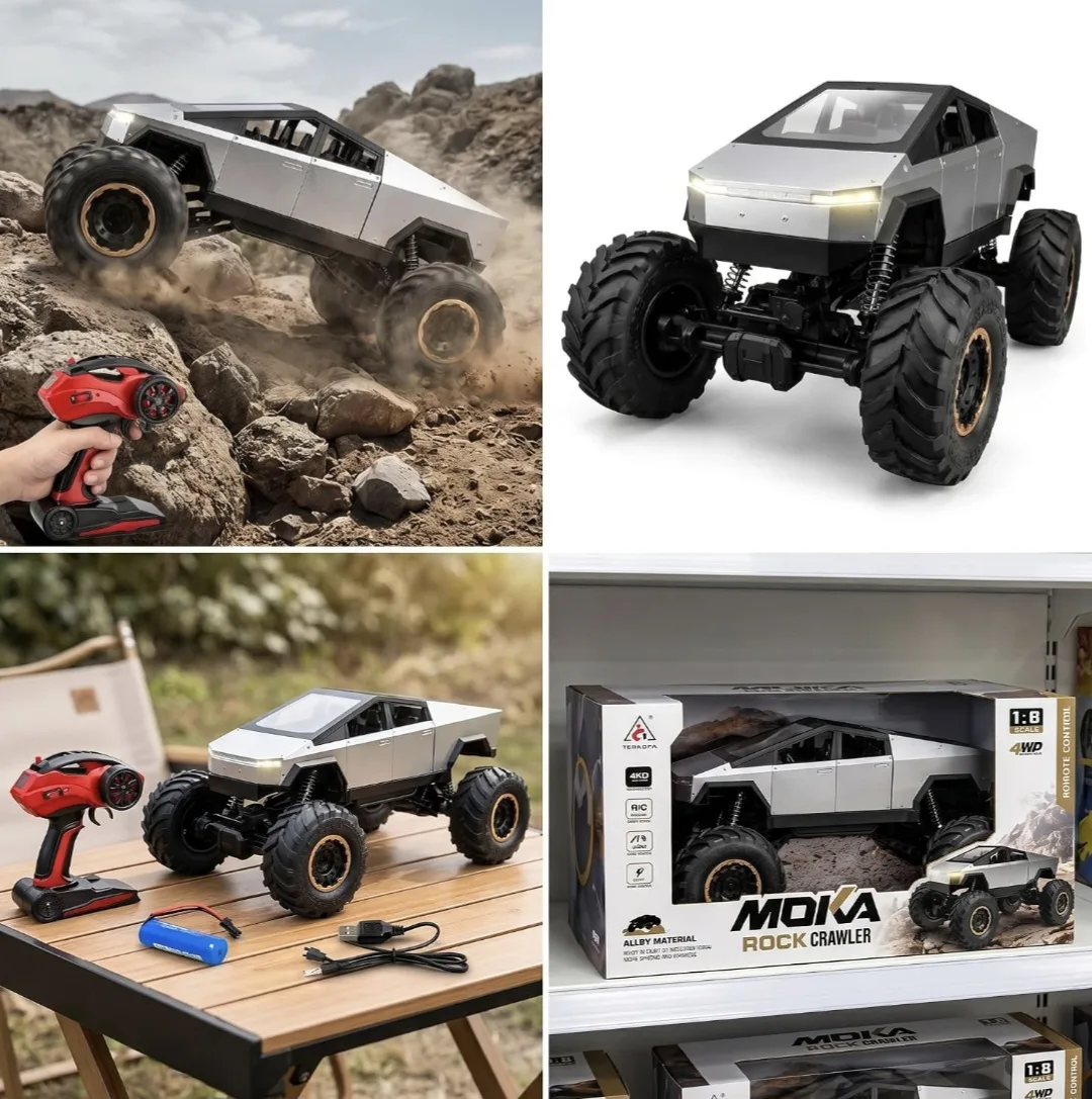 Remote Control Tesla Cybertruck Rock Crawler, with Metal Shell, 2.4GHz 4WD RC Truck with Headlights, Off Road Monster Truck, Birthday and Surprise Gift for All.
