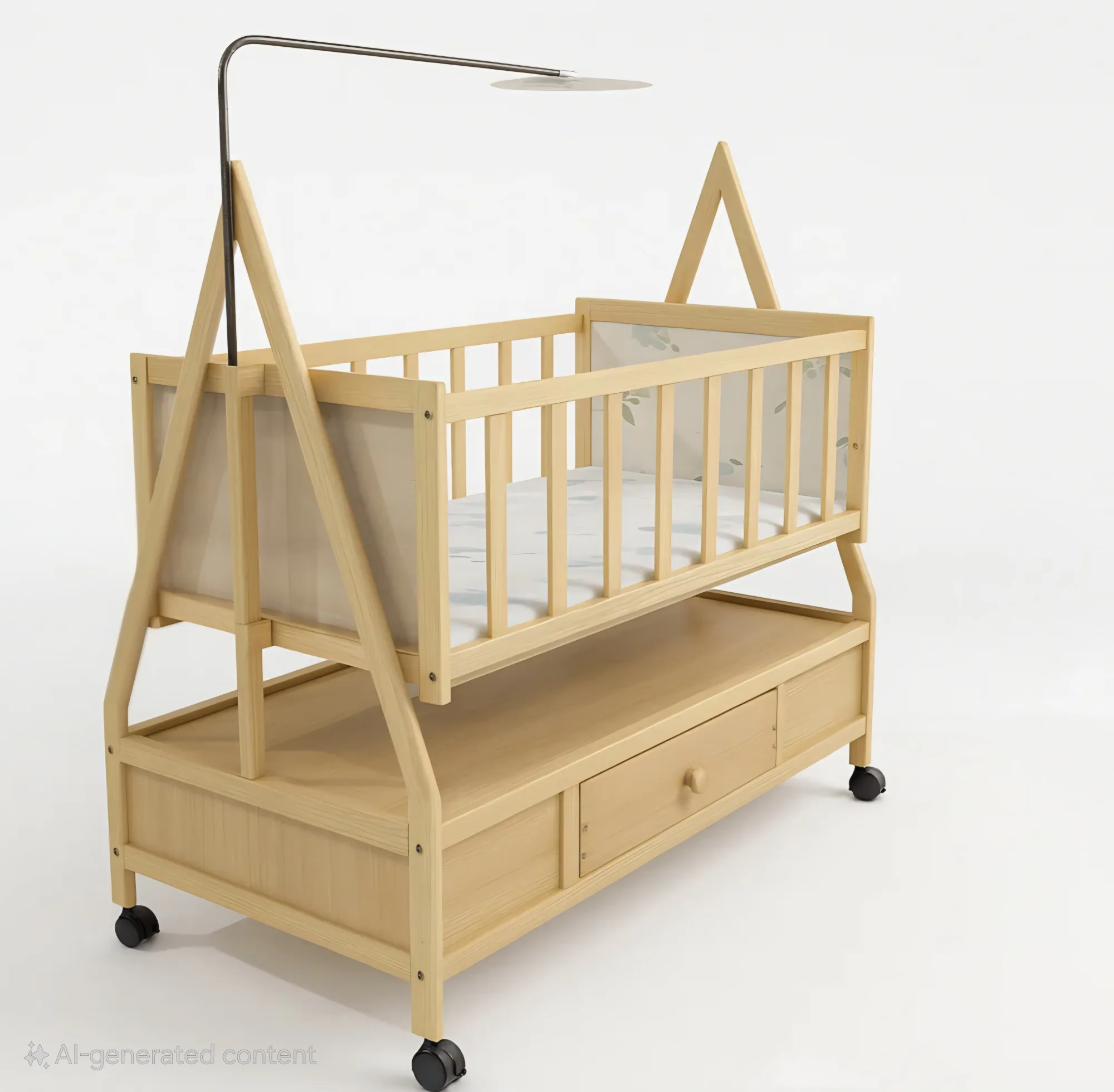 2-in-1 convertible wooden baby cot and manual swing.