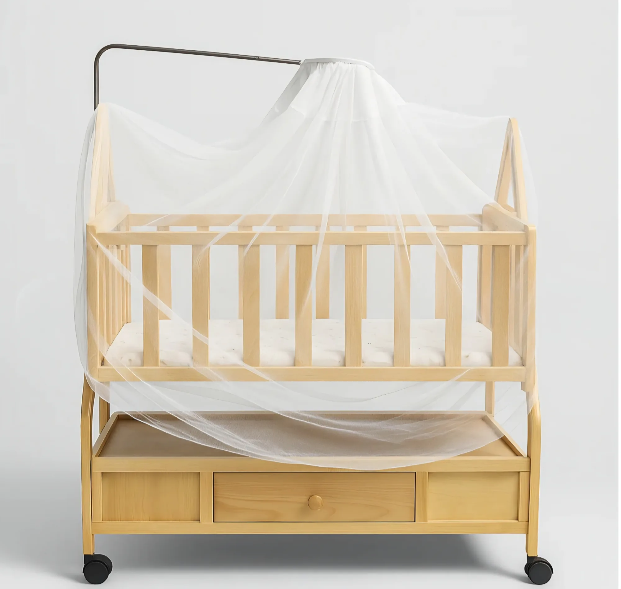 2-in-1 convertible wooden baby cot and manual swing.