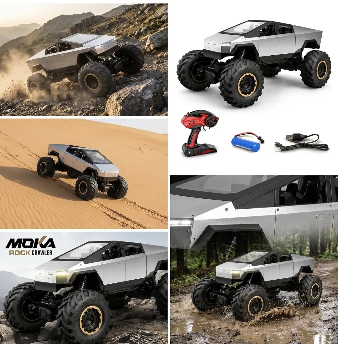 Remote Control Tesla Cybertruck Rock Crawler, with Metal Shell, 2.4GHz 4WD RC Truck with Headlights, Off Road Monster Truck, Birthday and Surprise Gift for All.